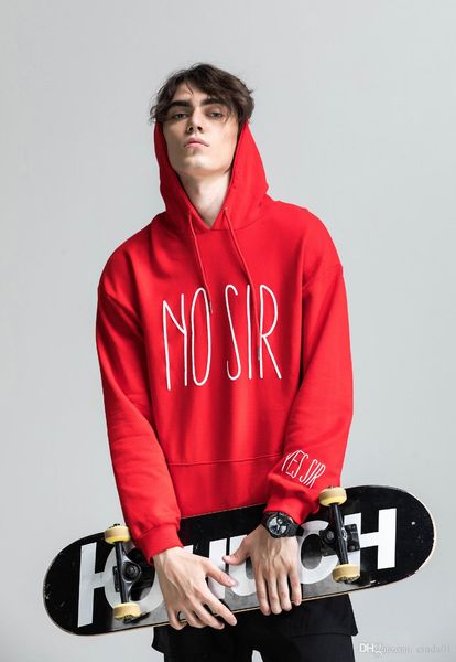 

high street skateboard men's hoodies funny letter no sir printed solid pullover hooded long sleeved, Black