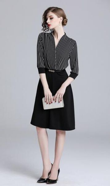 

autumn and winter women's new european and american boutique high-end big name a word long stripe stitching dress, Black;gray