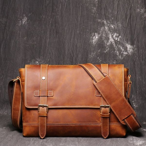 

100% genuine leather briefcase men vintage real crazy horse leather messenger shoulder business lapbag case office handbag