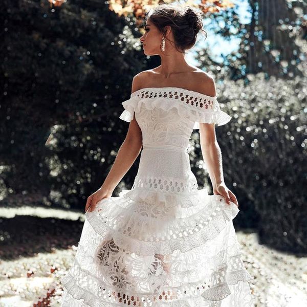 

white lace dress 2010 summer off shoulder maxi dress ruffles vintage hollow out casual evening wedding party women vestidos, Black;gray