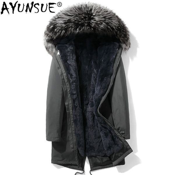 

ayunsue winter parka real fur coat men rex fur liner winter jacket for men collar warm parkas hombre 2019 4948, Black