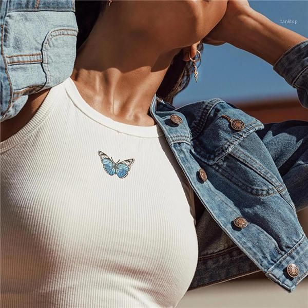 

women halter vest clothing party club bustier summer spring white bottoming cropped sports crops butterfly print tank
