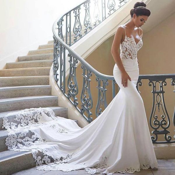 

spaghetti straps beach boho mermaid wedding dresses 2019 embroidery lace applique backless bridal gowns robe de mariee bc0190, White
