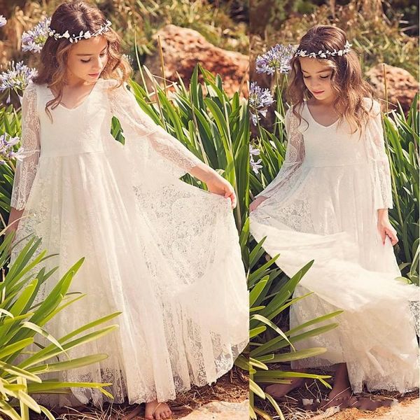 

2020 new beach flower girl dresses white ivory boho first communion dress for little girl v-neck long sleeve a-line kids wedding dress