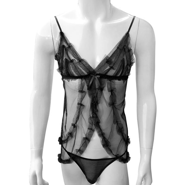 

bras sets mens sissy crossdresser lingerie spaghetti shoulder straps ruffle lace mesh nightwear see through sleepwear, Red;black