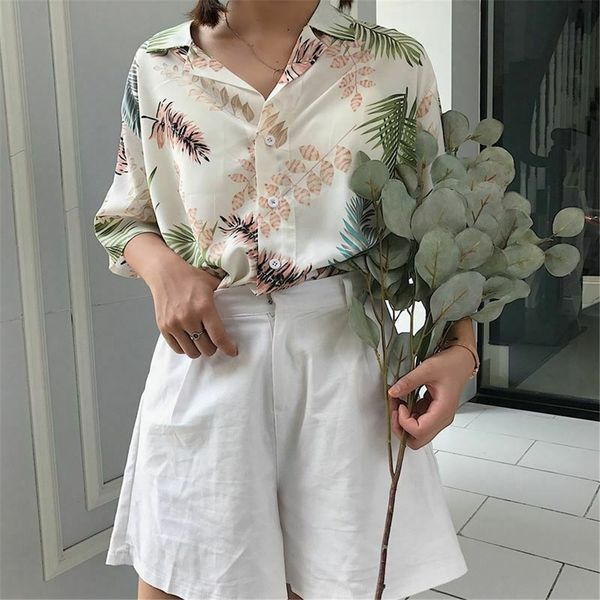 

hawaii style summer blouse women fashion casual half sleeve loose print lapel shirt bluzki damskie blusas mujer de moda, White