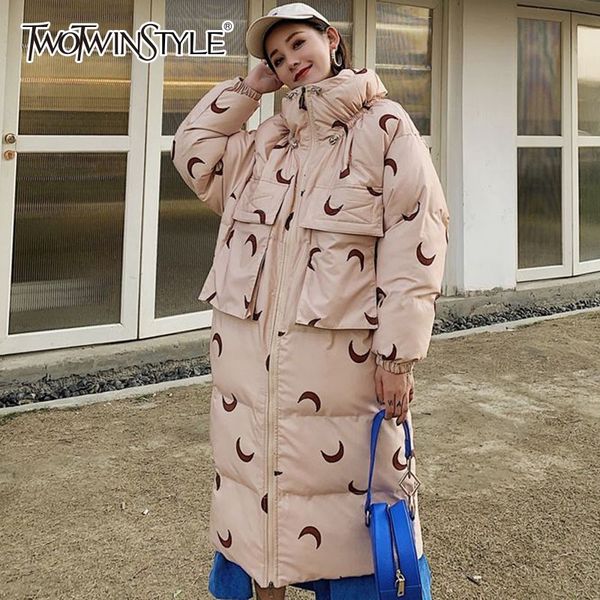 

twotwinstyle print women's winter down jackets long sleeve stand collar plus thick warm long outerwear female 2018 winter new, Black