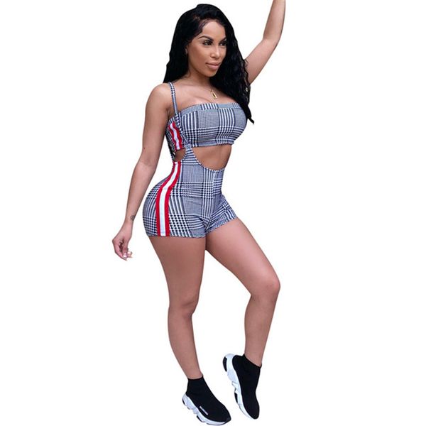 

Summer fashion short playsuits plaid patchwork sexy rompers women jumpsuit female night out club bodysuit D165