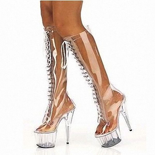 

autumn winter new modern shoes women pvc thigh high boots 15cm clear transparent boots ladies rain pole dance fetish shoes, Black