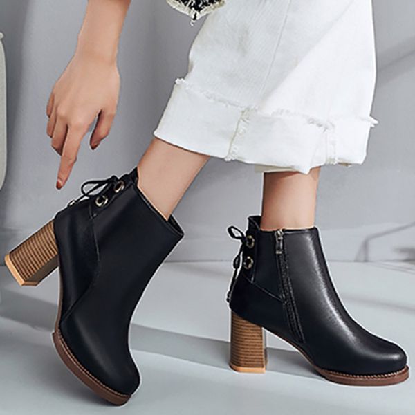 

cross-tied leather ankle boots woman shoes fashion leather waterproof platform boots winter warm non-slip snow chaussures, Black