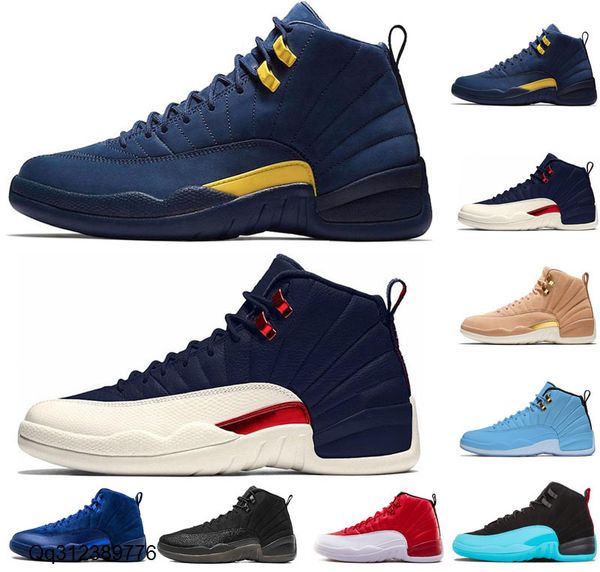 

men 12s gamma blue basketball shoes college navy dark grey flu game playoffs french blue gym red designer shoes sneakers size us 7-13