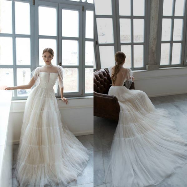

2020 doria karlozi wedding dresses high collar beads pearls bride dress sheer neck a line sweep train tulle abiti da sposa, White