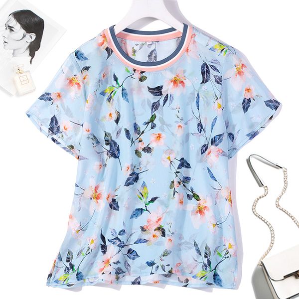 

women's 100% pure silk shirt blouse crew neck short sleeves blue floral  l xl jn470, White
