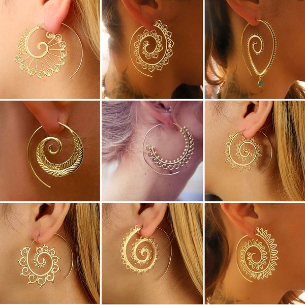 

bohemia ethnic personality round spiral drop earrings exaggerated love heart whirlpool gear earrings for women beach jewelry, Silver