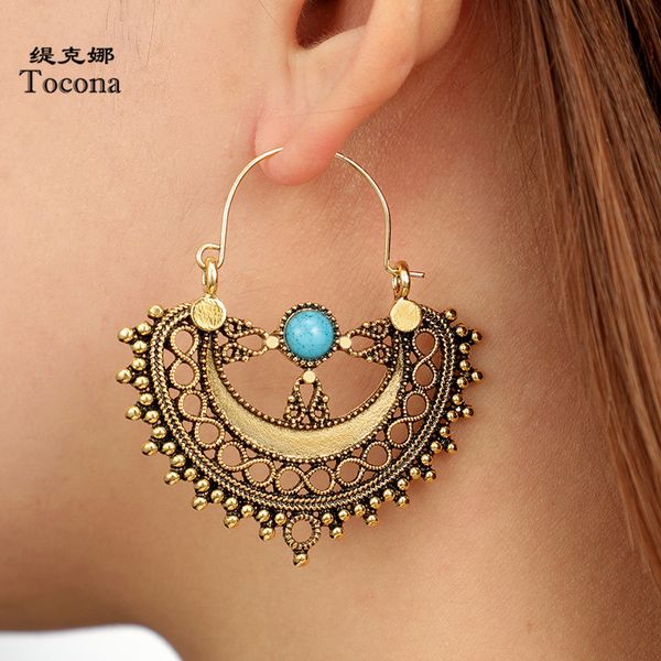 

tocona vintage style drop earrings gold silver color hollow geometric blue bead jewelry for women ladeis drop shipping 6912
