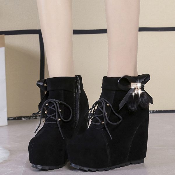

women shoes boots bow side boots lace up winter shoes ladies fashion round toe wedge casual short bootssingle, Black