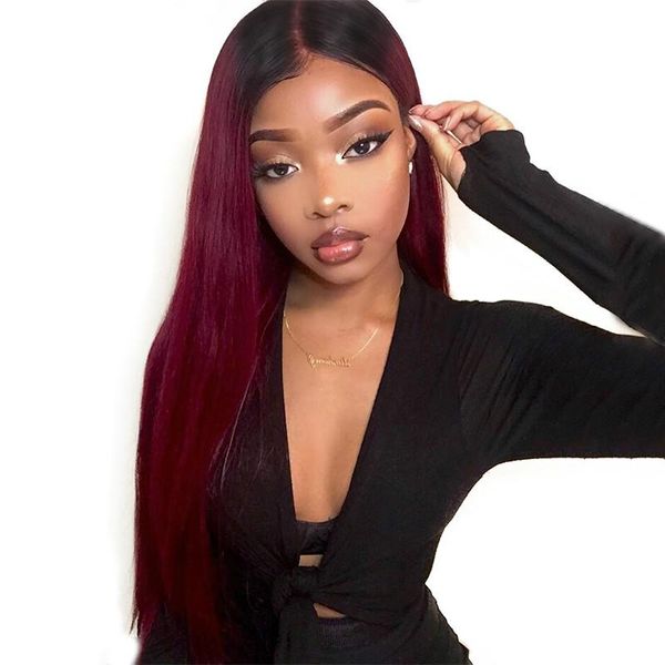 

brazilian 1b99 burgundy red ombre 360 lace frontal wig pre plucked straight blue colored lace front human hair wigs remy, Black