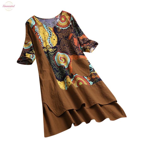 

fashion women dress v neck vintage patchwork dress high low hem boho print half sleeves floral pocket dress d4, Black;gray