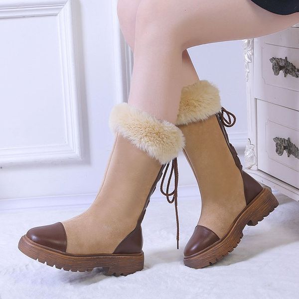 

women casual winter warm fur snow boots shoes women round toe mid heels dress mid-calf boots botas mujer plus size 35-40, Black
