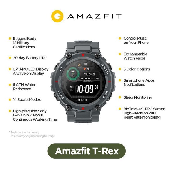 

новый 2020 ces amazfit t rex t-rex smartwatch contrl music 5atm smart watch gps / глонасс 20days battry life mil-std для xiaomi ios