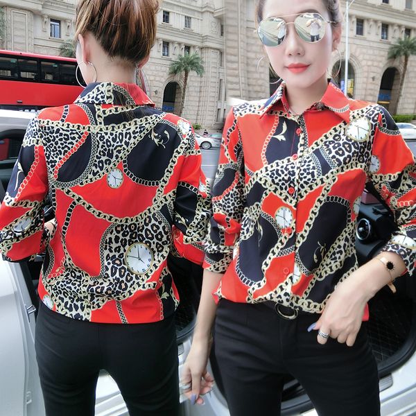 

new 2020 plus size women's fashion shirts long sleeve lapel neck printed runway ladies designer blouse slim elegant office button shirt, White