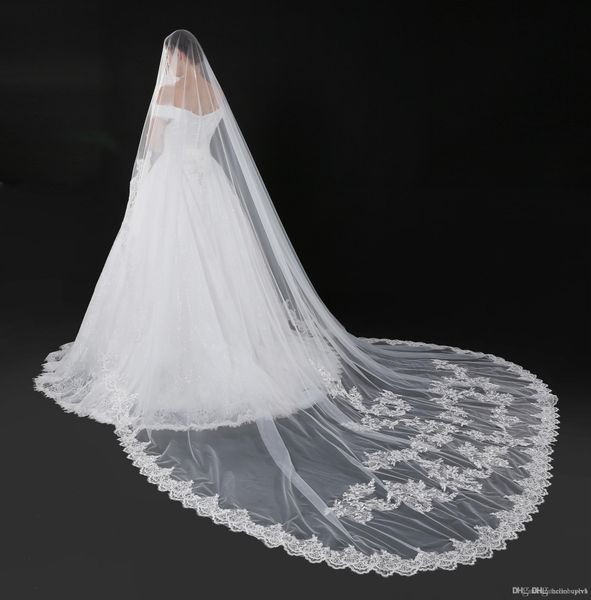 

5 metres one layer ivory new bridal veil wedding lace long tail bride wedding veil dress accessories with lace applique, Black
