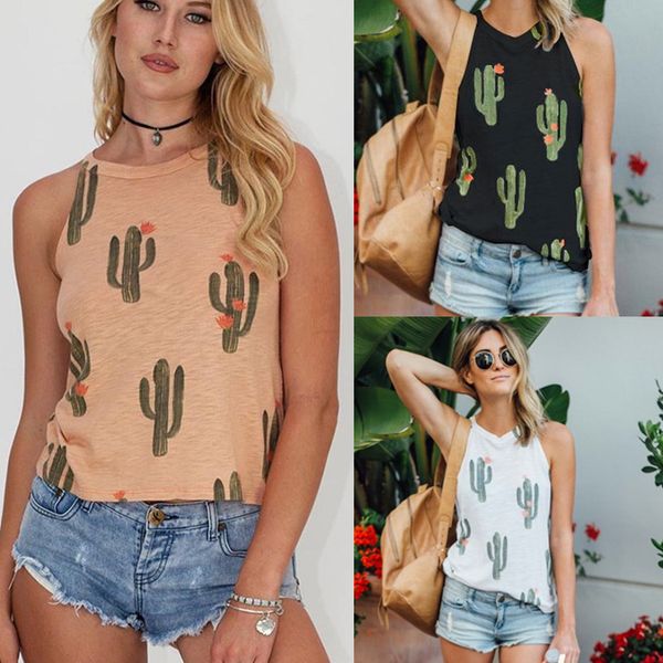 

fashion womens ladies sleeveless vest tank summer beach floral cactus loose t shirt, White