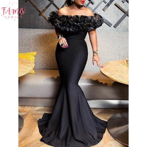

women mermaid dress 2019 slash neck black long maxi dress robe porm mermaid party dinner elegant long trumpet summer dress, Black;gray