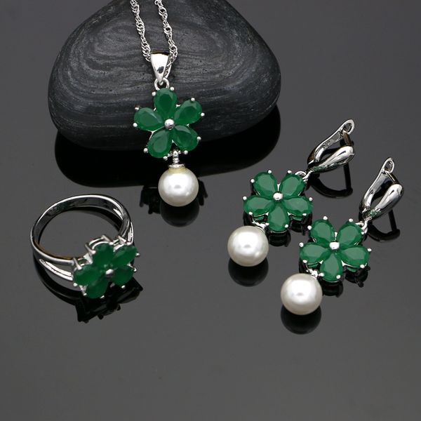 

silver 925 bride jewelry sets freshwater pearls green stone for women party flower sterling silver jewelry earrings necklace set, Slivery;golden