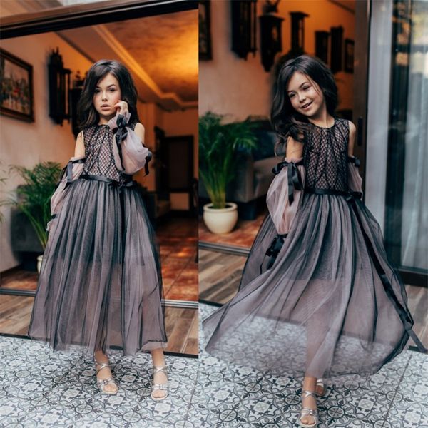 

black and pink flower girl dress with detachable sleeve bow appliqued sequins pageant gown jewel knee-length tulle custom made birthday gown, White;blue