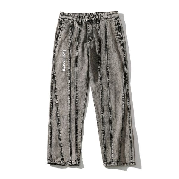 

letter wahsed retro ripped jeans for men straight streetwear harajuku loose casual mens denim trousers hip hop zipper pants, Blue
