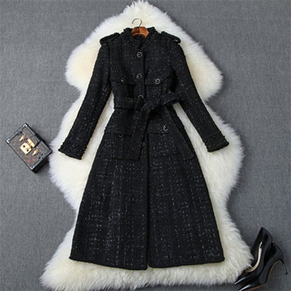 

women's wool & blends fashion women designers autumn winter tweed woolen jackets and coats lady elegant long sleeve luxury pearls blend, Black
