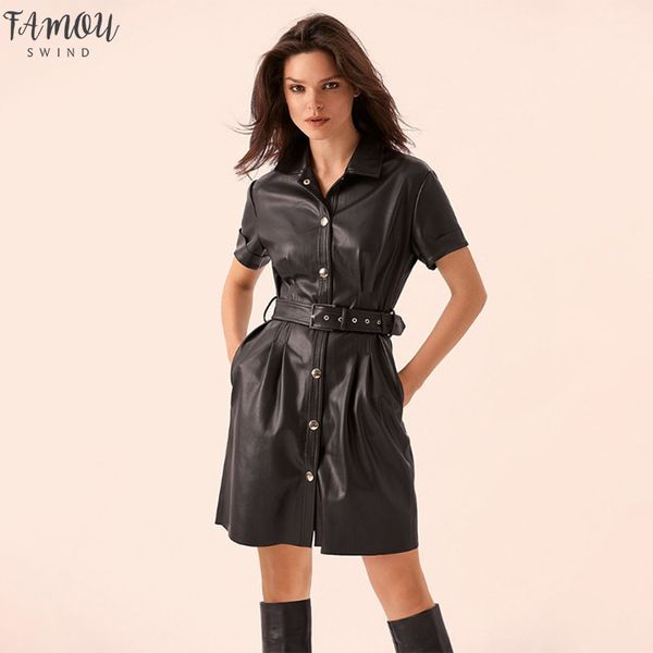

women sashes pu leather a line party dress ladies short sleeve turn down collar pockets elegant 2020 fashion autumn mini, Black;gray