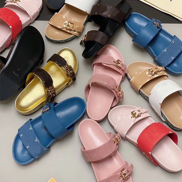 

2020 men slippers luxury bom dia sandals women flower printed flip flops brown leather rubber soles two belts sandals with box, Black