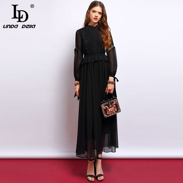 

ld linda della fashion designer black dresses women's long sleeve lace patchwork ruffles elegant vintage party maxi long dress, Black;gray