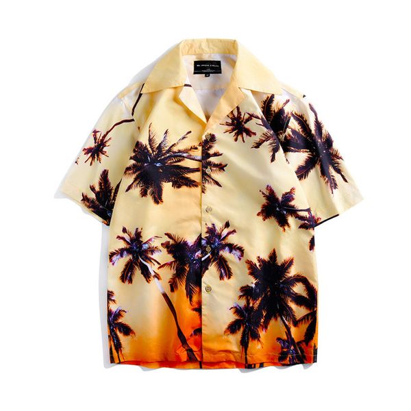 

2019 coconut print hawaiian shirt casual tropical seaside beach men's shirts hc summer short sleeve loose palm trees shirts, White;black