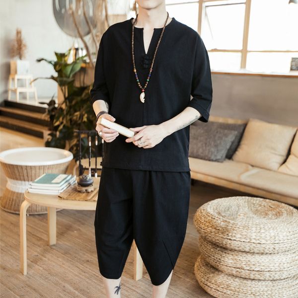 

men thin linen set summer chinese style loose large size cotton linen 2pcs/set short sleeve middle length pants xin-ship, Gray