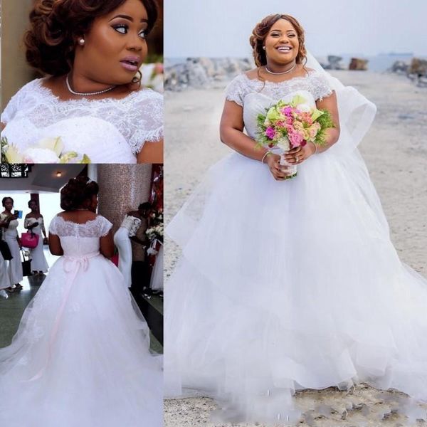 

Cheap Beach Plus Size Wedding Dresses Gorgeous Lace Cap Sleeves Puffy Tulle A Line Bridal Gowns With Pink Ribbon Sash African