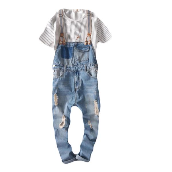 

male ripped denim jumpsuit hip hop streetwear overall jean fashion men jean overalls ripped jeans for men, Blue