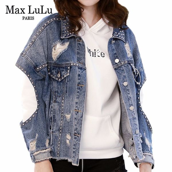 

max chaquetas mujer 2019 korean fashion ladies streetwear womens holes punk denim jacket rivet vintage short coat plus size, Black;brown