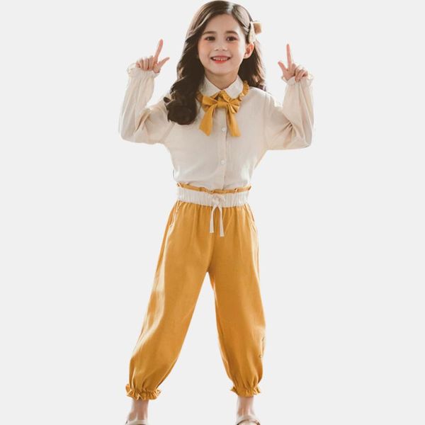 

kids clothes girl ruffle blouse + pants 2 pcs suit for girls fashion bow tie girls clothes cute spring for party, White