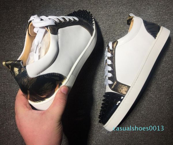 

2019 new brand designer luxury mens red bottoms shoes studded spikes low flats casual sneakers for men wedding party dress leather c13, Black