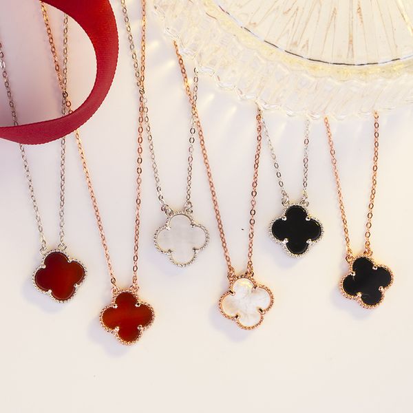

s925 sterling silver lucky four-leaf grass necklace rose gold plated 18k double-sided black red agate pendant female choker