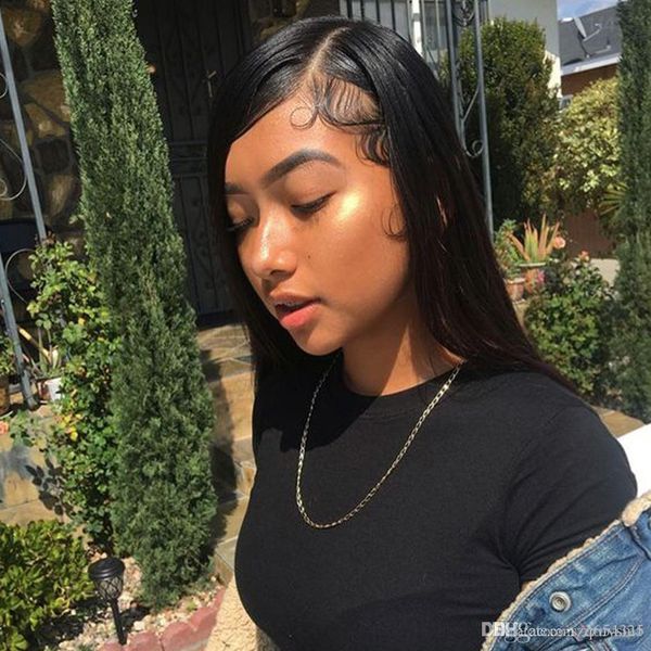 

бразильский парик 4 * 4 прямой закрытие шнурка парик фронта шнурка человеческих волос парики предварительно сорвал с волосами младенца джаз, Black