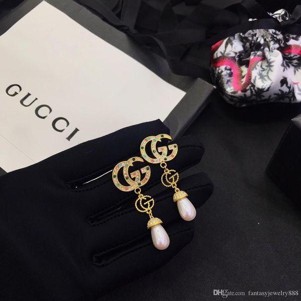 

european and american luxury custom earrings classic letters set with color diamond ladies pendant earrings, Golden;silver