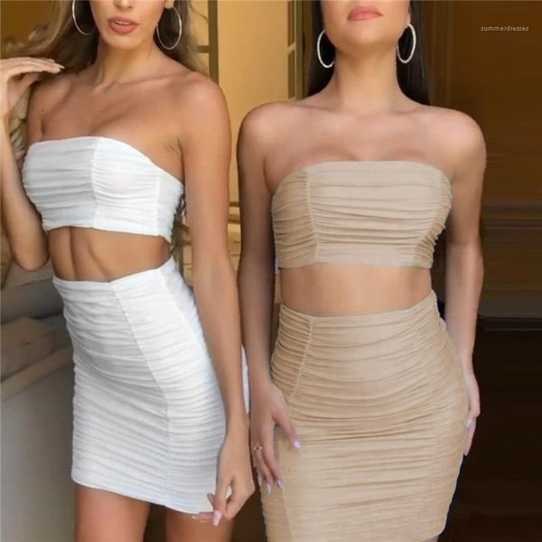 

strapless crop above knee dress womens two piece sets fashion natural color two piece dress, White