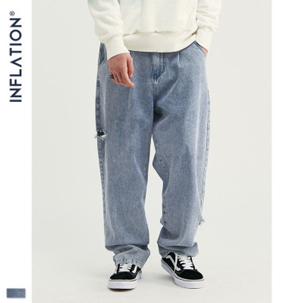 

mens designer pants tide brand hip hop wash water handmade hole straight loose jeans mens youth luxury loose pants, Blue