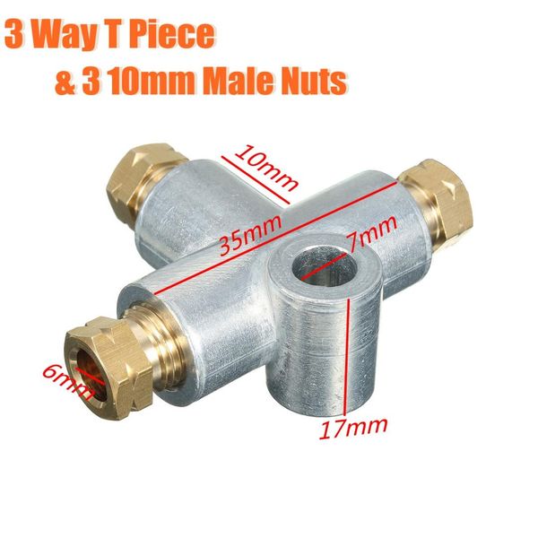 

new silver 3 way t piece tee brake pipe with 3 m10 male nuts short metric copper 3/16 10mm inch distributor replacement parts