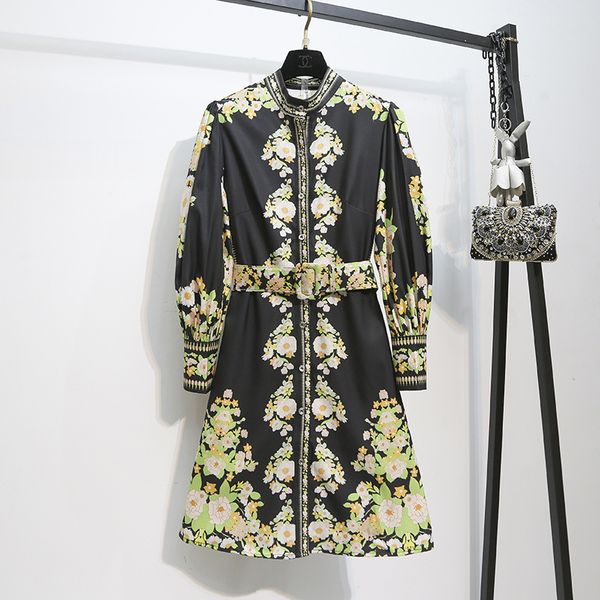 

pring stand collar high waist long sleeve trend ladies party dress noble vintage lady sashes shirt dress party dresses, White