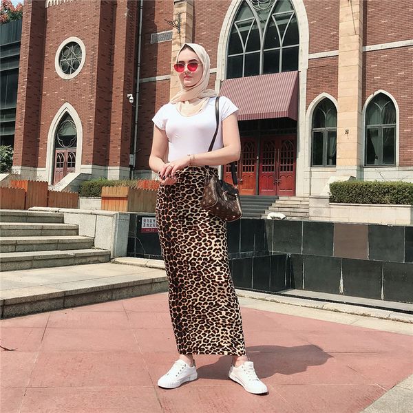 

faldas mujer moda leopardo 2020 abaya muslim high waist leopard maxi pencil long skirt jupe longue femme womens skirt, Black